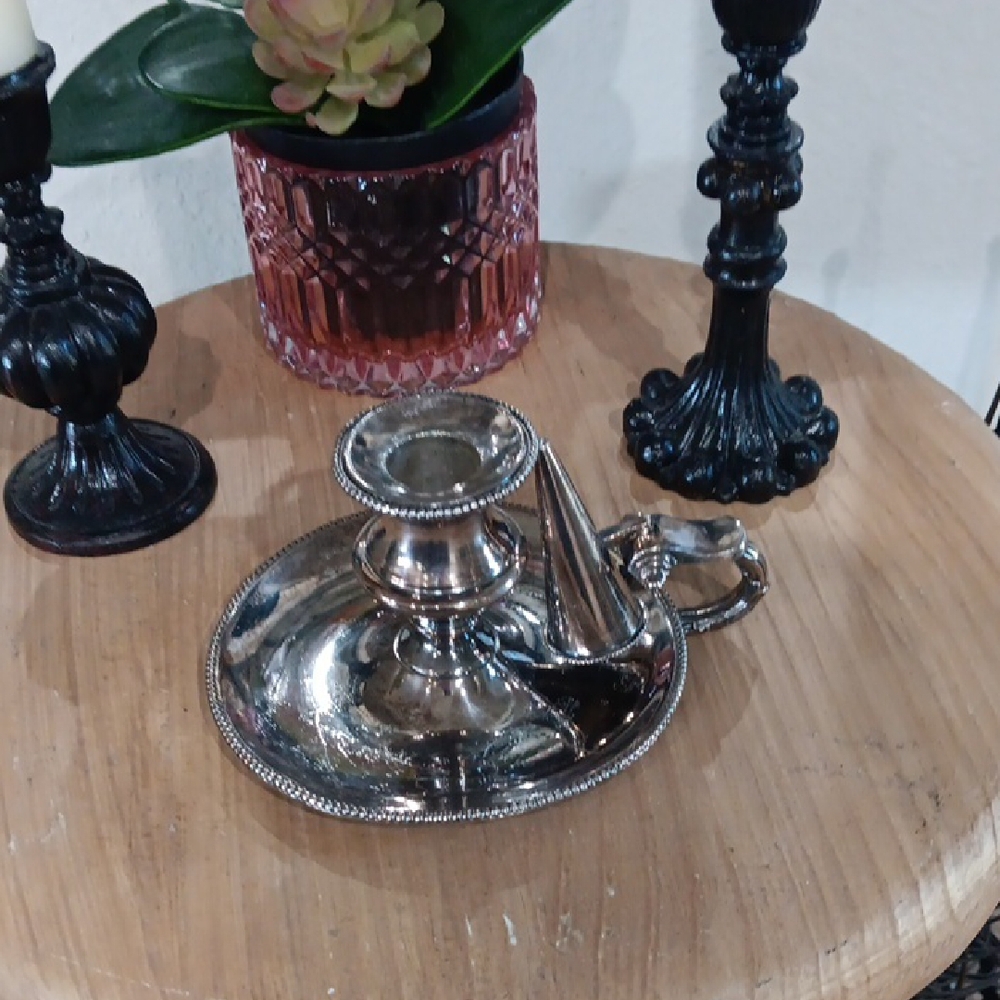 Source Unknown 3 PC Silver or Silver Plate Candle Holder & Snuffer
